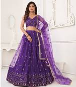 Purple Embroidery Net A Line Lehenga With Blouse