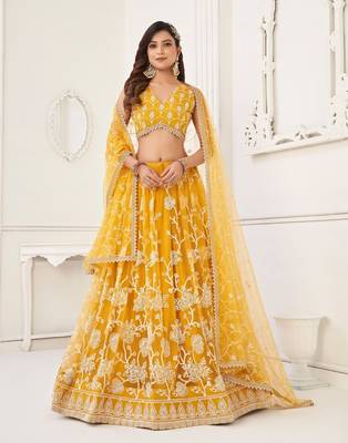 Yellow Embroidery Net A Line Lehenga With Blouse 1