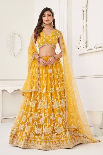 Yellow Embroidery Net A Line Lehenga With Blouse