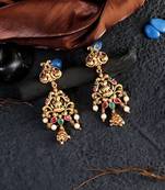 Women gold-plated antique laxmi with stone-studded chandbali earrings