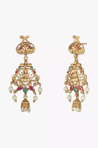Women gold-plated antique laxmi with stone-studded chandbali earrings
