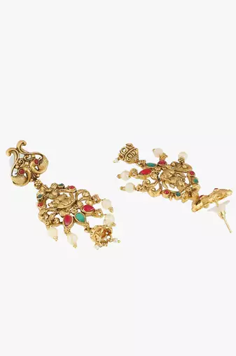 Women gold-plated antique laxmi with stone-studded chandbali earrings