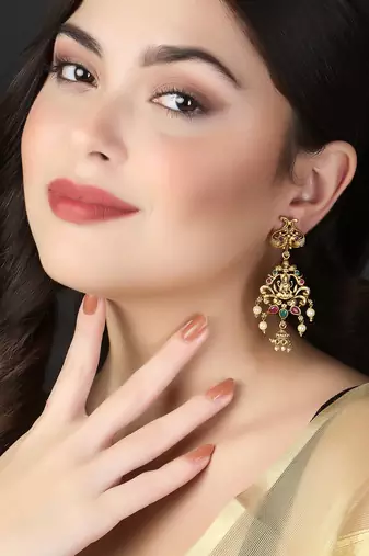 Women gold-plated antique laxmi with stone-studded chandbali earrings