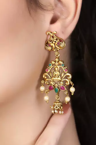 Women gold-plated antique laxmi with stone-studded chandbali earrings