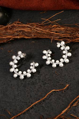 Women rhodium-plated white-pearl- studded hoop earring