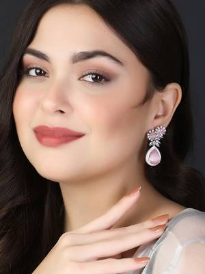 Women silver-plated american diamond pink stone drop earring 2