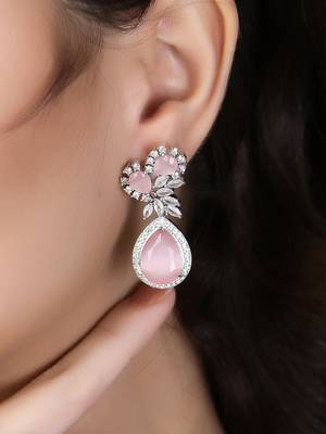 Women silver-plated american diamond pink stone drop earring 4