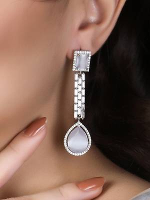 Women silver-plated american diamond grey stone long hanging earring 2