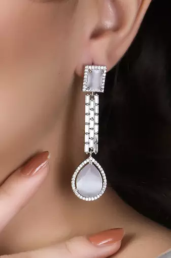 Women silver-plated american diamond grey stone long hanging earring