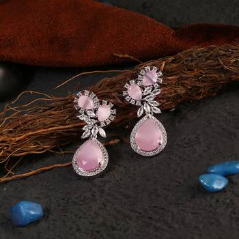 Women silver-plated american diamond pink stone drop earring 1