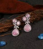 Women silver-plated american diamond pink stone drop earring