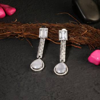 Women silver-plated american diamond grey stone long hanging earring 1