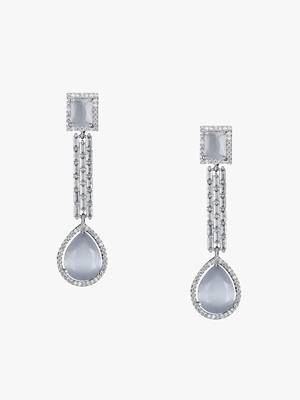 Women silver-plated american diamond grey stone long hanging earring 3