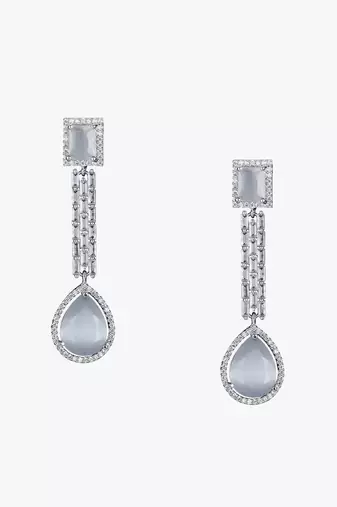 Women silver-plated american diamond grey stone long hanging earring