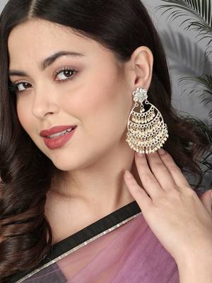 Gold-plated stone-studed pearl-tessel drop earrings 2