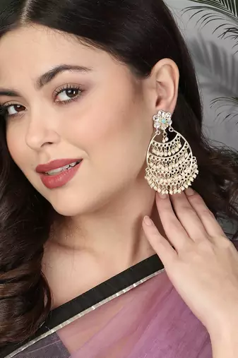 Gold-plated stone-studed pearl-tessel drop earrings