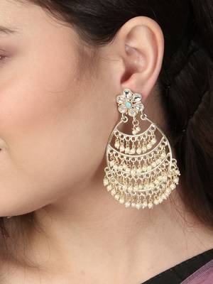 Gold-plated stone-studed pearl-tessel drop earrings 3
