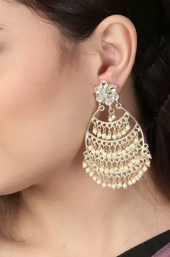 Gold-plated stone-studed pearl-tessel drop earrings