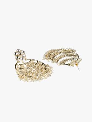 Gold-plated stone-studed pearl-tessel drop earrings 4