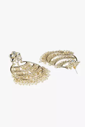 Gold-plated stone-studed pearl-tessel drop earrings