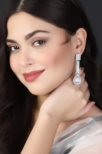 Women silver-plated american diamond grey stone long hanging earring
