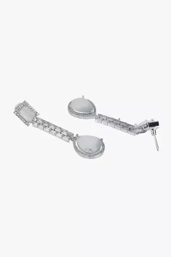 Women silver-plated american diamond grey stone long hanging earring