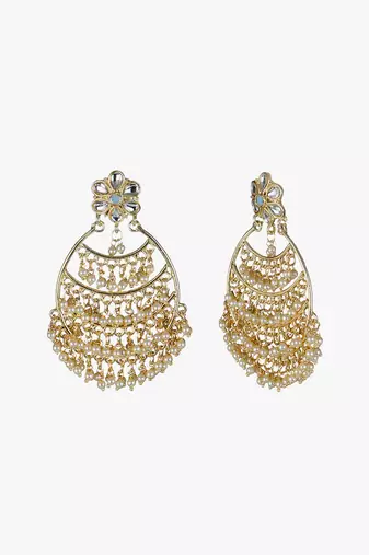 Gold-plated stone-studed pearl-tessel drop earrings