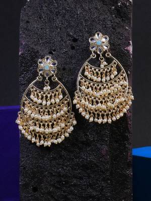 Gold-plated stone-studed pearl-tessel drop earrings 1