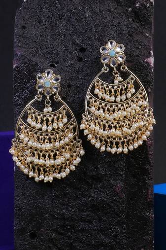 Gold-plated stone-studed pearl-tessel drop earrings