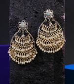 Gold-plated stone-studed pearl-tessel drop earrings