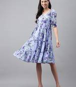 Janasya women's lavender georgette floral printed tiered dress