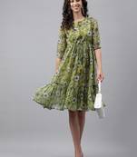 Janasya women's olive green chiffon lurex floral printed flared dress