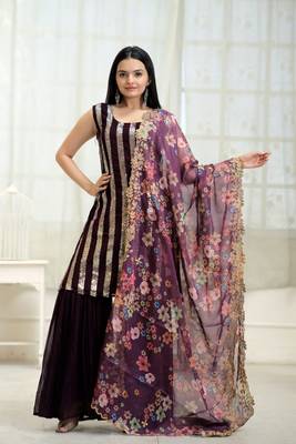 Gorgeous looking wine shararasuit with line sequins embroidered work 1