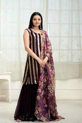 Gorgeous looking wine shararasuit with line sequins embroidered work 2