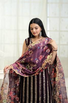 Gorgeous looking wine shararasuit with line sequins embroidered work 3