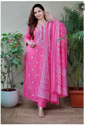 Pink Embroidery Work Straight Kurti with Pant & Dupatta 1