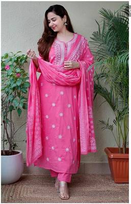 Pink Embroidery Work Straight Kurti with Pant & Dupatta 3