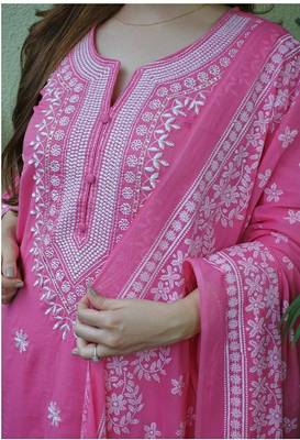 Pink Embroidery Work Straight Kurti with Pant & Dupatta 4