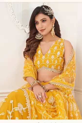 Yellow Embroidery Net A Line Lehenga With Blouse