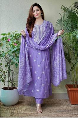 Violet embroidered Straight Kurti with Pant & Dupatta 1