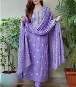 Violet embroidered Straight Kurti with Pant & Dupatta