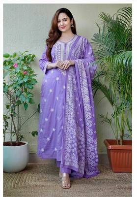 Violet embroidered Straight Kurti with Pant & Dupatta 2