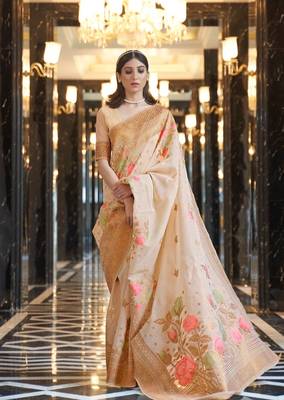 Women Cream Kabana Linen Zari Border Weaving Saree With Blouse  1