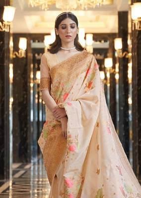 Women Cream Kabana Linen Zari Border Weaving Saree With Blouse  2