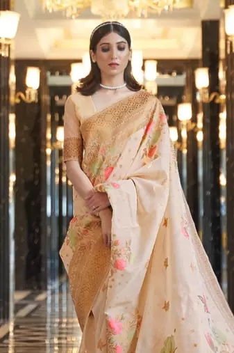 Women Cream Kabana Linen Zari Border Weaving Saree With Blouse 