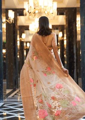 Women Cream Kabana Linen Zari Border Weaving Saree With Blouse  3