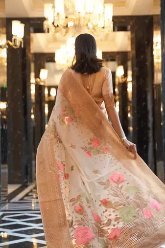 Women Cream Kabana Linen Zari Border Weaving Saree With Blouse 