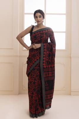   Red black pure chanderi hand block printed temple border saree 1