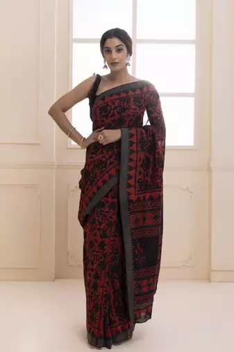 Geroo Jaipur Red-black pure chanderi hand block printed temple border saree