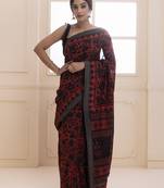 Geroo Jaipur Red-black pure chanderi hand block printed temple border saree